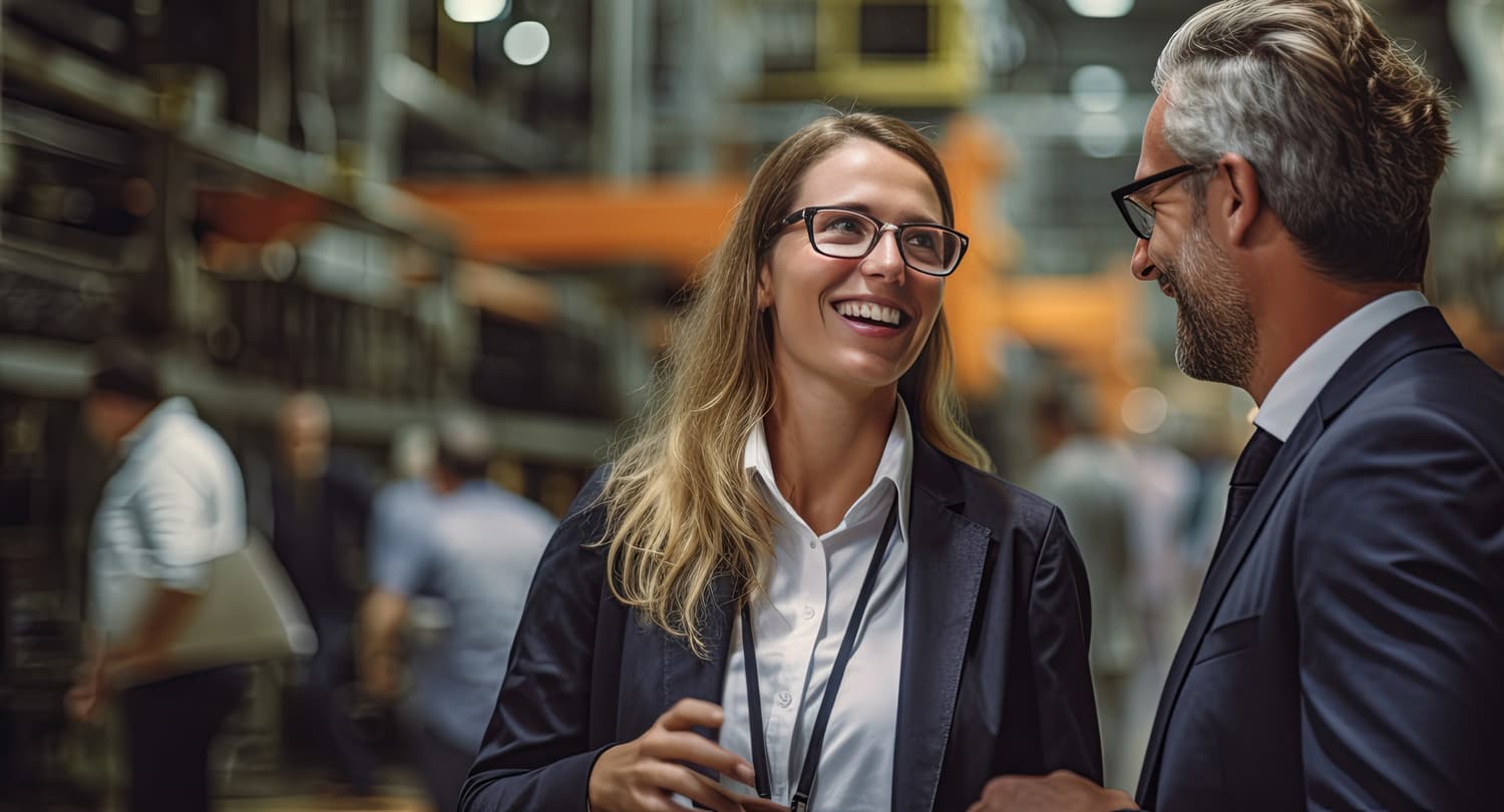 Two professionals talking on a manufacturing floor