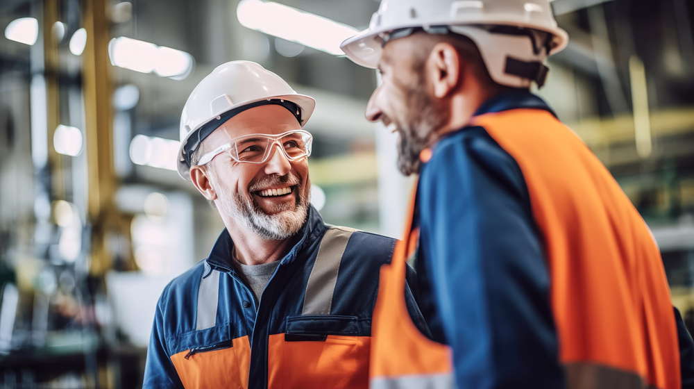 Happy engineer contractor discussing with colleague in industry setting