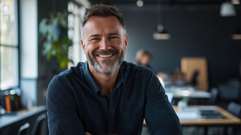 Happy C-suite businessman smiling while working in modern office