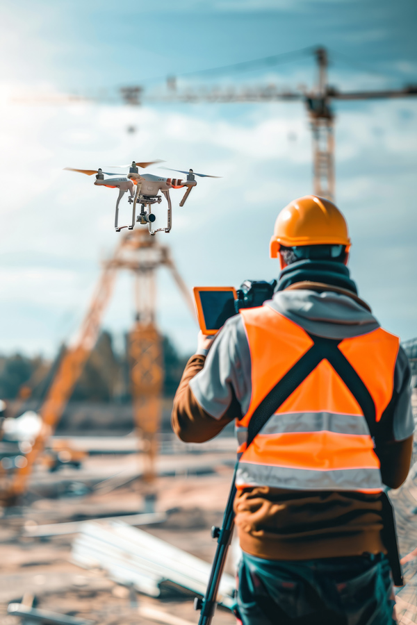 A contractor using advanced technology such as drones and laser levels for site surveying